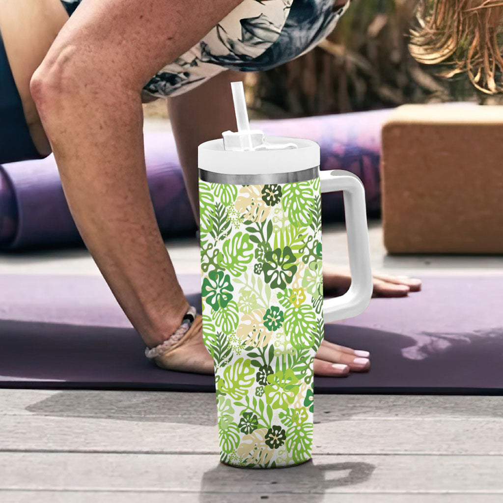 Green Aloha Hawaiian Tumbler With Handle Monstera Hibiscus Tropical Pattern LT19 - Polynesian Pride