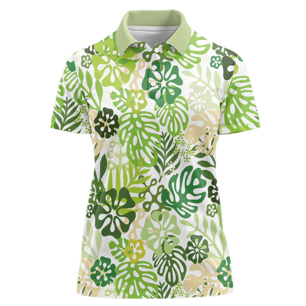 Green Aloha Hawaiian Women Polo Shirt Monstera Hibiscus Tropical Pattern LT19 Female Green - Polynesian Pride