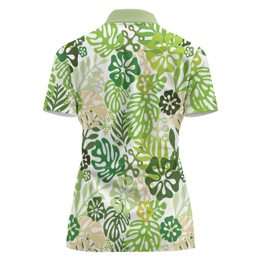 Green Aloha Hawaiian Women Polo Shirt Monstera Hibiscus Tropical Pattern LT19 - Polynesian Pride