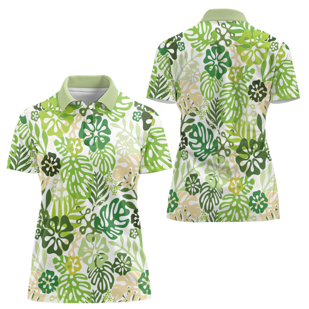 Green Aloha Hawaiian Women Polo Shirt Monstera Hibiscus Tropical Pattern LT19 - Polynesian Pride