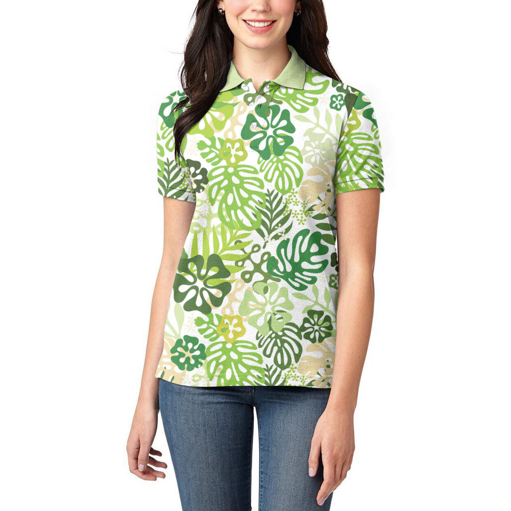 Green Aloha Hawaiian Women Polo Shirt Monstera Hibiscus Tropical Pattern LT19 - Polynesian Pride