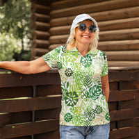 Green Aloha Hawaiian Women Polo Shirt Monstera Hibiscus Tropical Pattern LT19 - Polynesian Pride