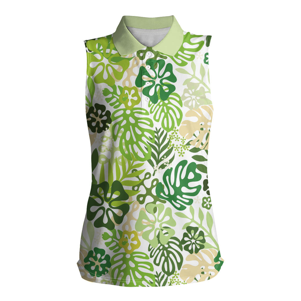 Green Aloha Hawaiian Women Sleeveless Polo Shirt Monstera Hibiscus Tropical Pattern LT19 Female Green - Polynesian Pride