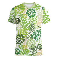 Green Aloha Hawaiian Women V-Neck T-Shirt Monstera Hibiscus Tropical Pattern LT19 Female Green - Polynesian Pride
