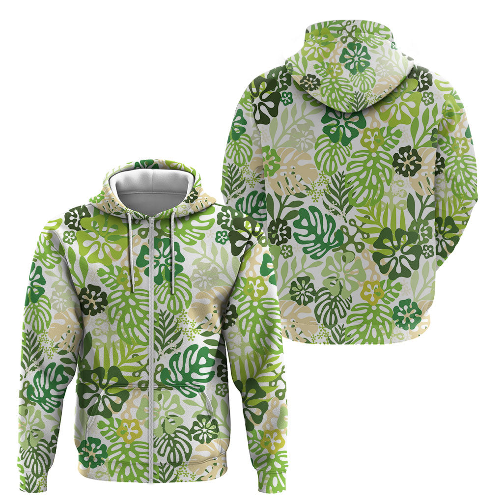 Green Aloha Hawaiian Zip Hoodie Monstera Hibiscus Tropical Pattern LT19 - Polynesian Pride