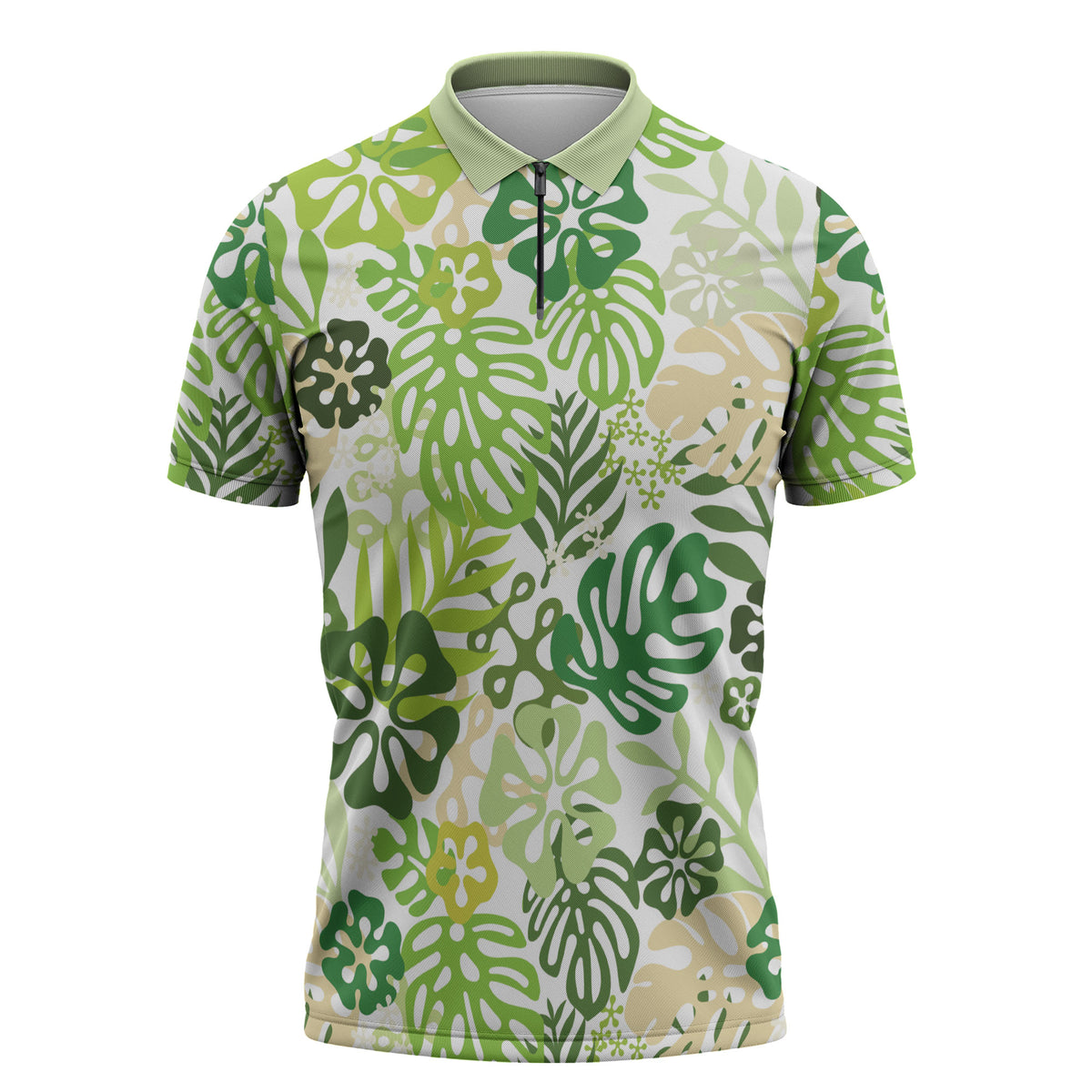 Green Aloha Hawaiian Zipper Polo Shirt Monstera Hibiscus Tropical Pattern LT19 Green - Polynesian Pride