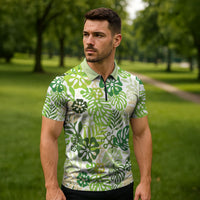 Green Aloha Hawaiian Zipper Polo Shirt Monstera Hibiscus Tropical Pattern LT19 - Polynesian Pride