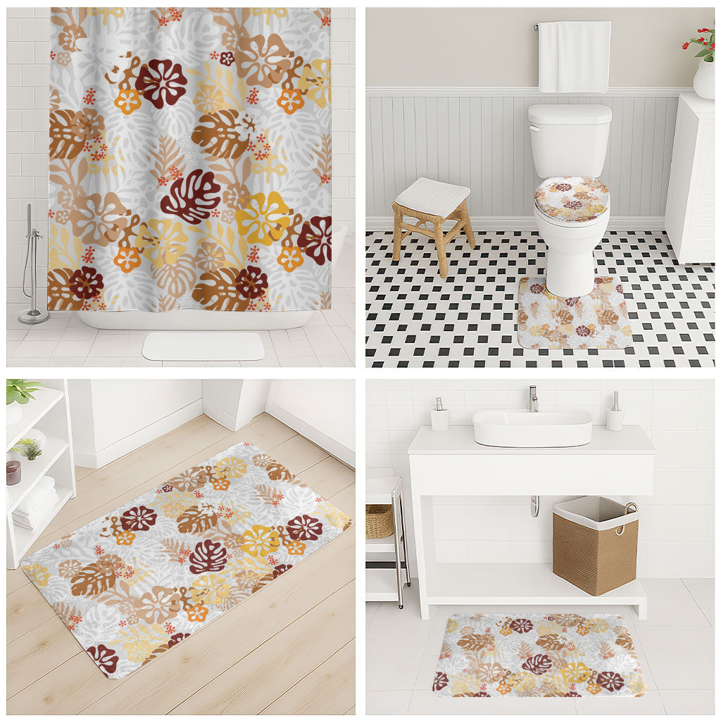 Brown Aloha Hawaiian Bathroom Set Monstera Hibiscus Tropical Pattern LT19 - Polynesian Pride