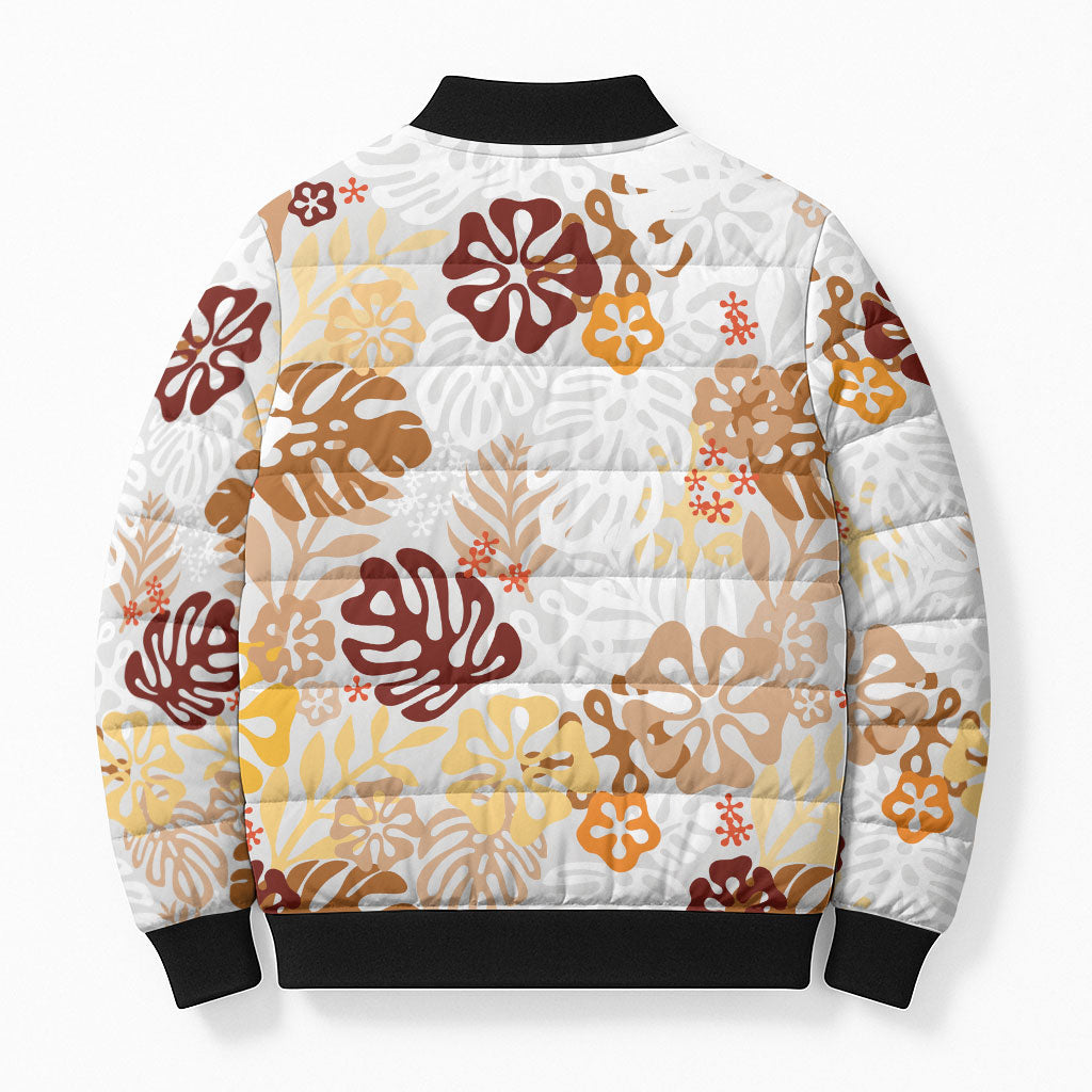 Brown Aloha Hawaiian Bomber Puffer Jacket Monstera Hibiscus Tropical Pattern LT19 - Polynesian Pride