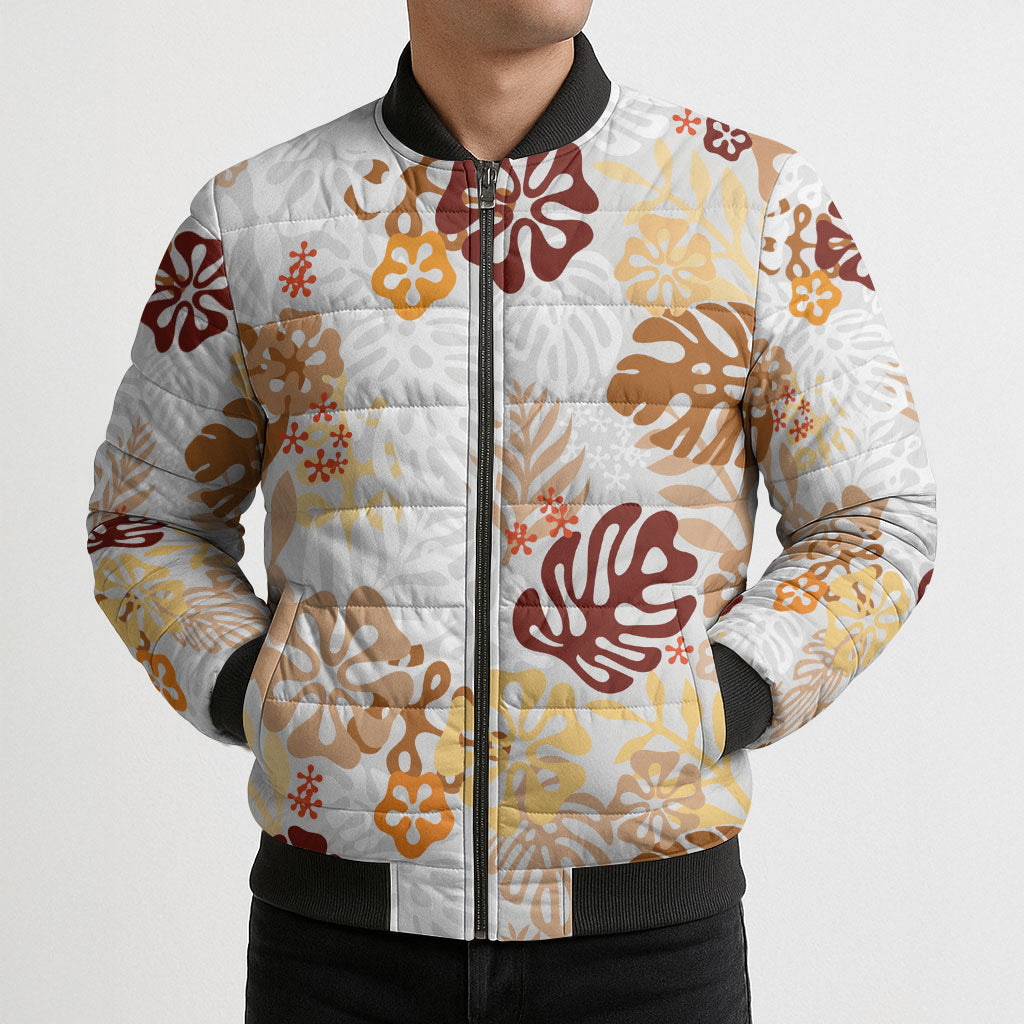 Brown Aloha Hawaiian Bomber Puffer Jacket Monstera Hibiscus Tropical Pattern LT19 - Polynesian Pride