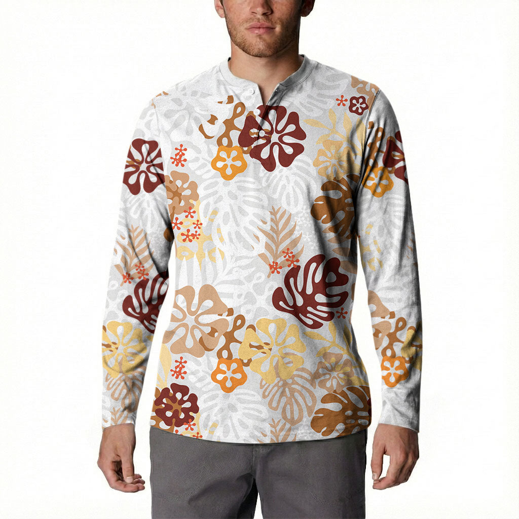 Brown Aloha Hawaiian Button Sweatshirt Monstera Hibiscus Tropical Pattern LT19 - Polynesian Pride