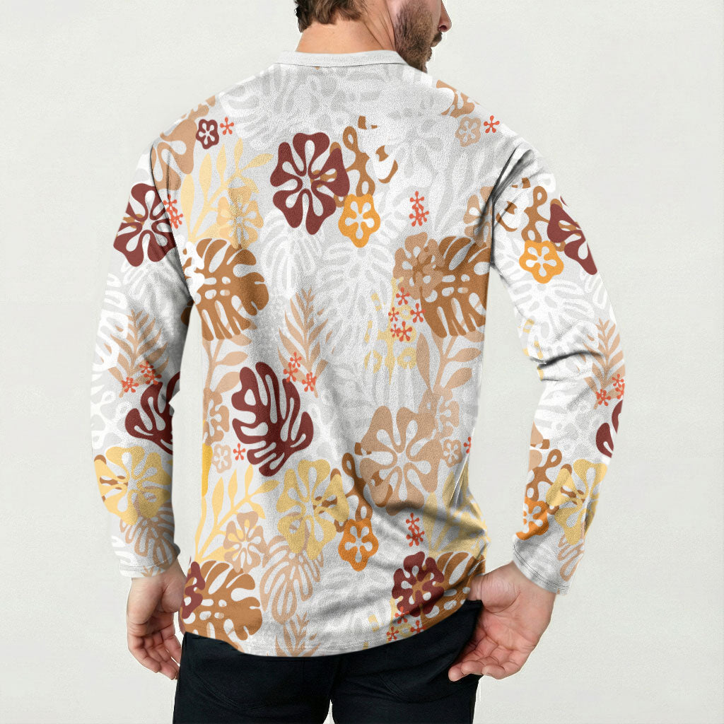 Brown Aloha Hawaiian Button Sweatshirt Monstera Hibiscus Tropical Pattern LT19 - Polynesian Pride