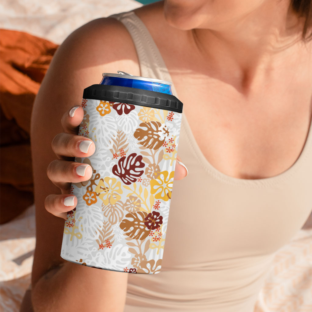 Brown Aloha Hawaiian 4 in 1 Can Cooler Tumbler Monstera Hibiscus Tropical Pattern LT19 - Polynesian Pride