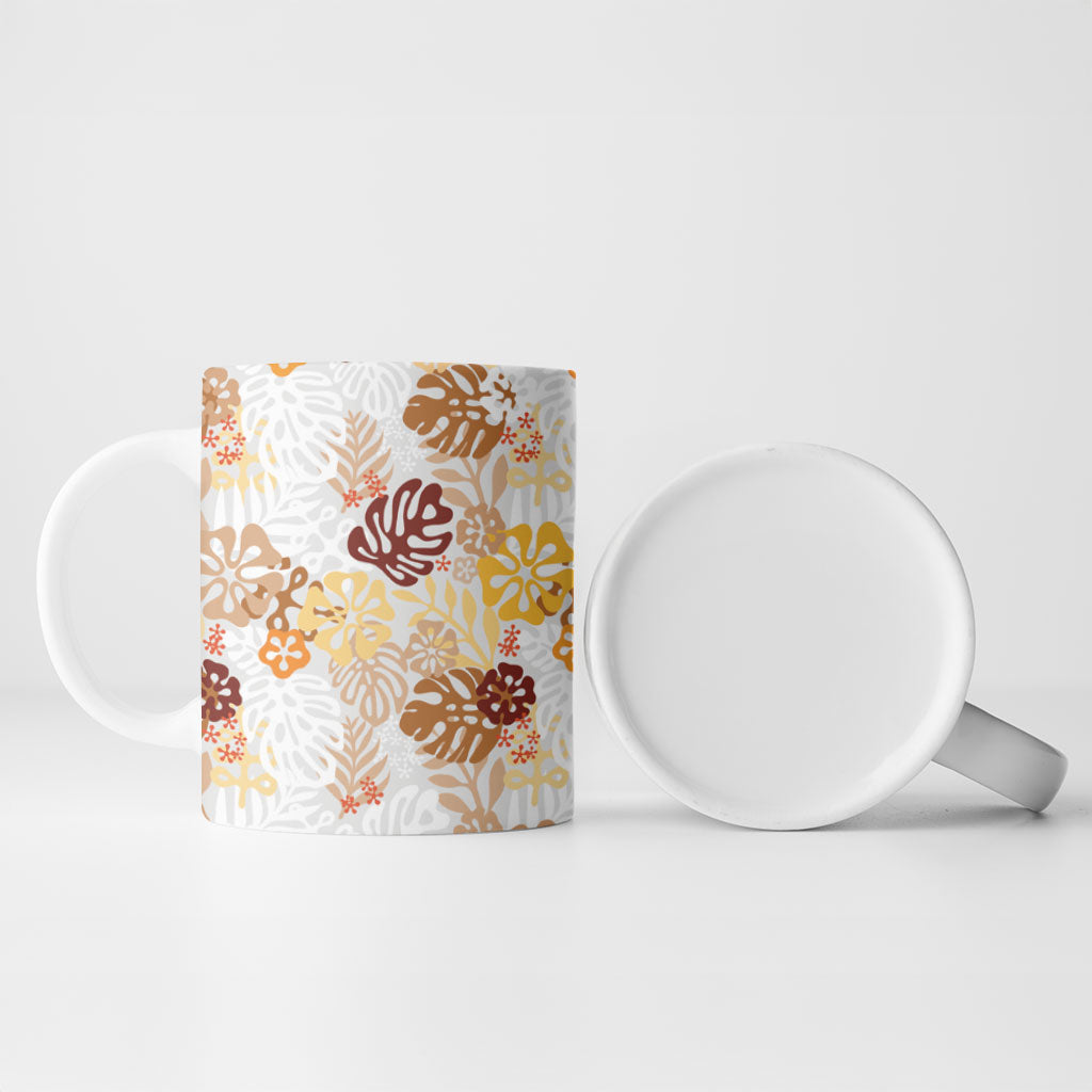 Brown Aloha Hawaiian Ceramic Mug Monstera Hibiscus Tropical Pattern LT19 - Polynesian Pride
