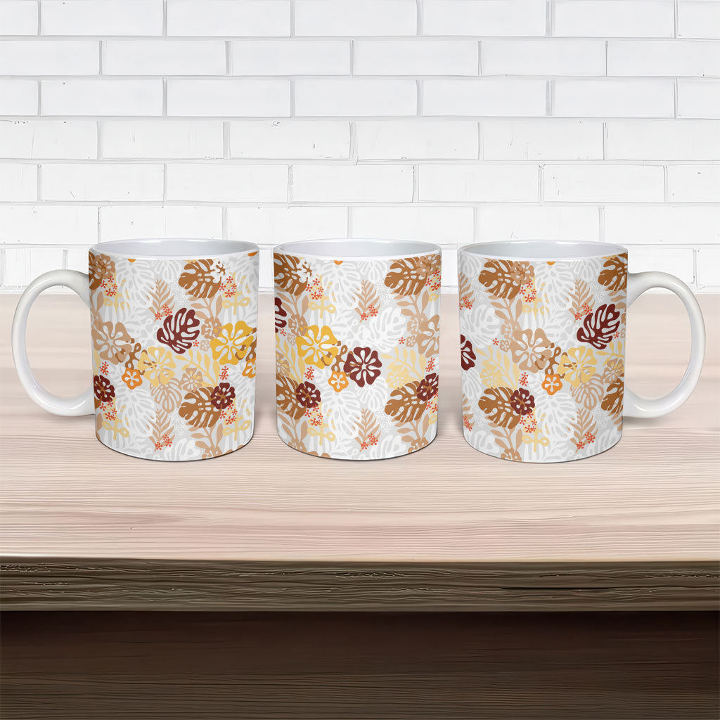 Brown Aloha Hawaiian Ceramic Mug Monstera Hibiscus Tropical Pattern LT19 - Polynesian Pride