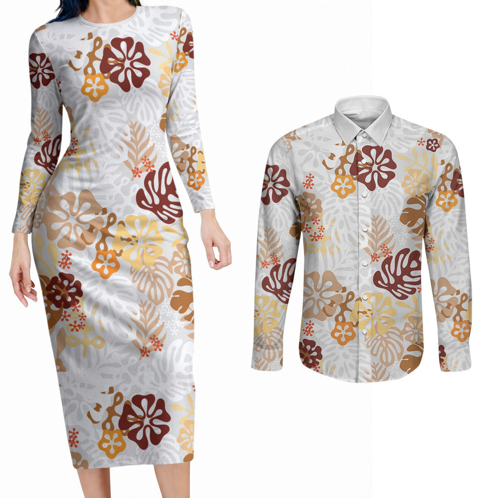 Brown Aloha Hawaiian Couples Matching Long Sleeve Bodycon Dress and Long Sleeve Button Shirt Monstera Hibiscus Tropical Pattern LT19 Brown - Polynesian Pride