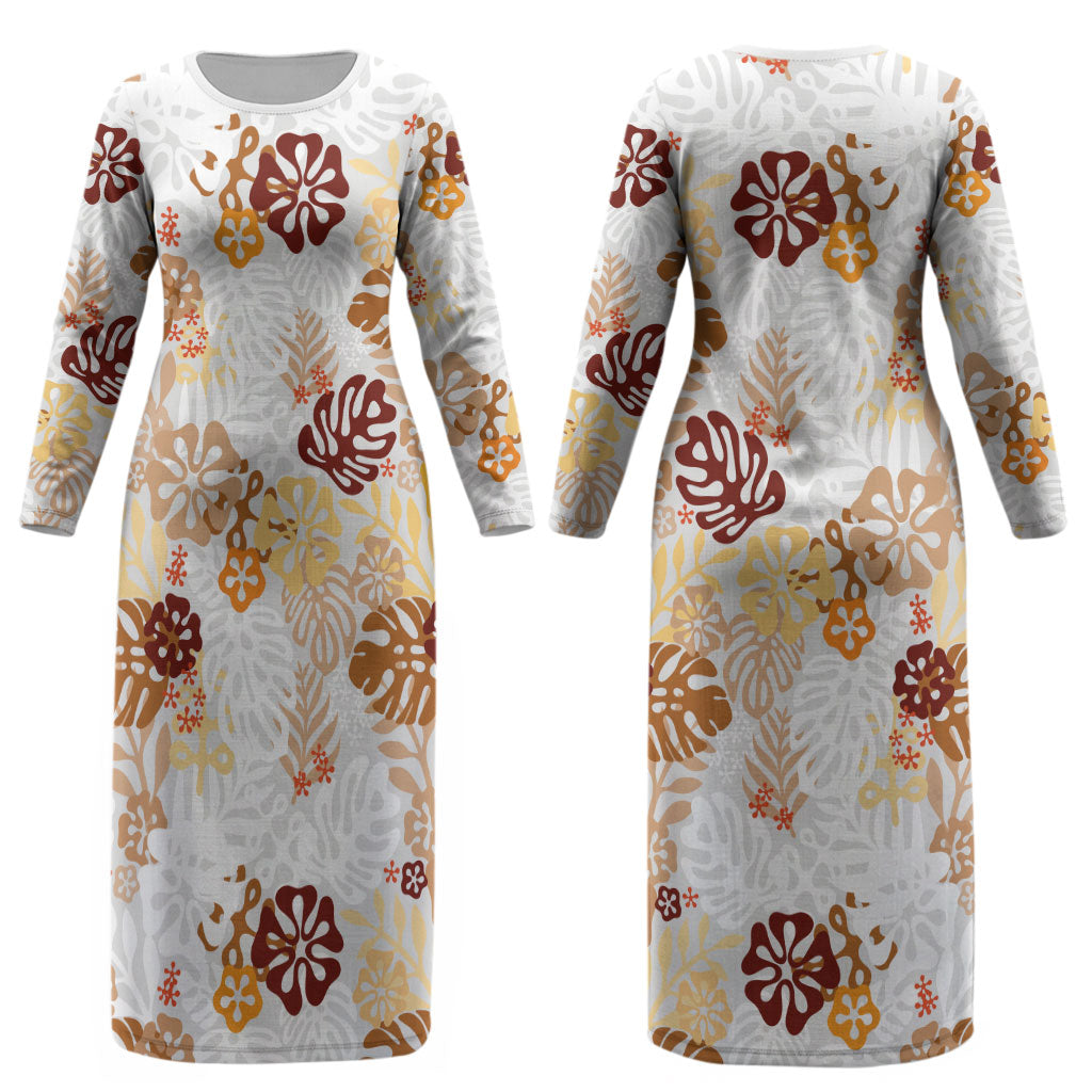 Brown Aloha Hawaiian Couples Matching Long Sleeve Bodycon Dress and Long Sleeve Button Shirt Monstera Hibiscus Tropical Pattern LT19 - Polynesian Pride