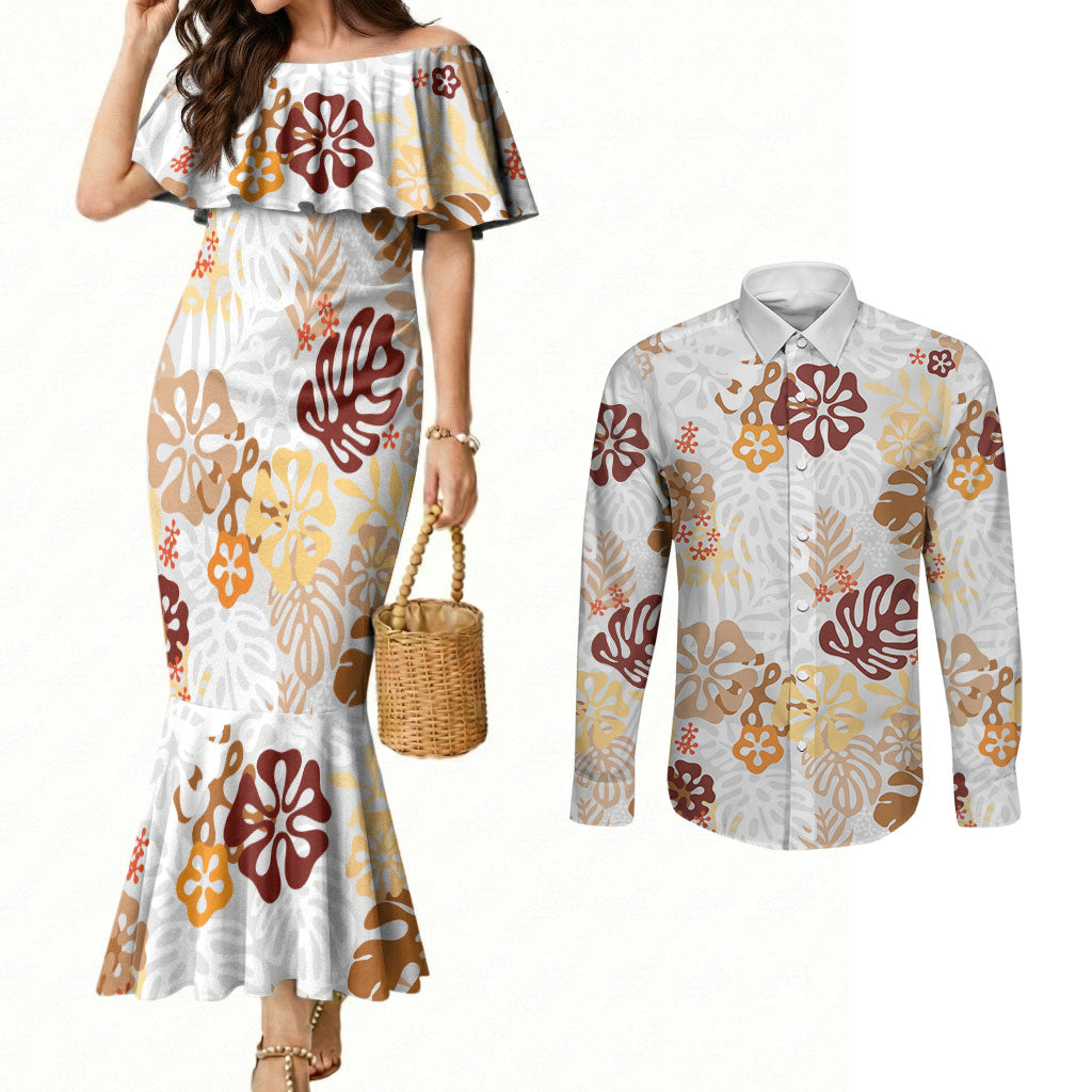 Brown Aloha Hawaiian Couples Matching Mermaid Dress and Long Sleeve Button Shirt Monstera Hibiscus Tropical Pattern LT19 Brown - Polynesian Pride