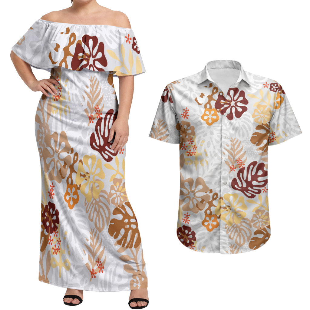 Brown Aloha Hawaiian Couples Matching Off Shoulder Maxi Dress and Hawaiian Shirt Monstera Hibiscus Tropical Pattern LT19 Brown - Polynesian Pride