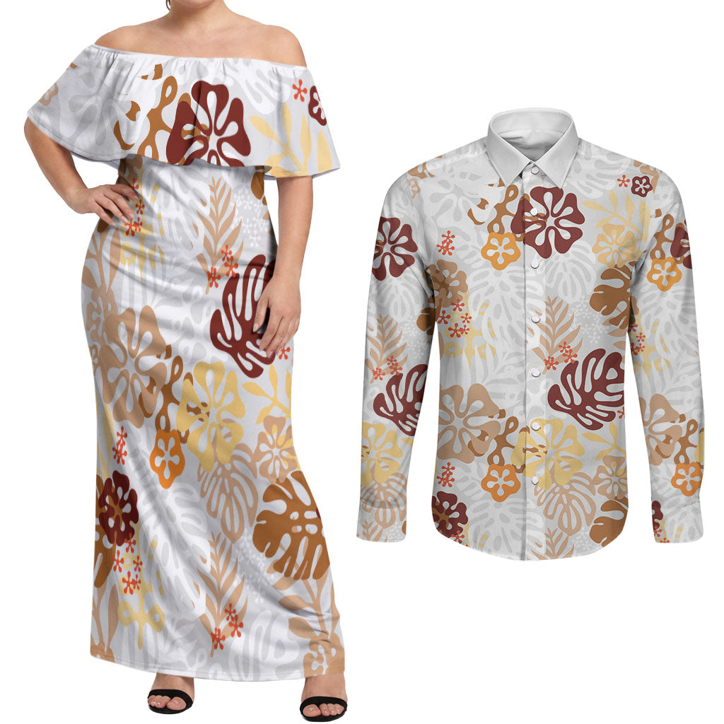 Brown Aloha Hawaiian Couples Matching Off Shoulder Maxi Dress and Long Sleeve Button Shirt Monstera Hibiscus Tropical Pattern LT19 Brown - Polynesian Pride