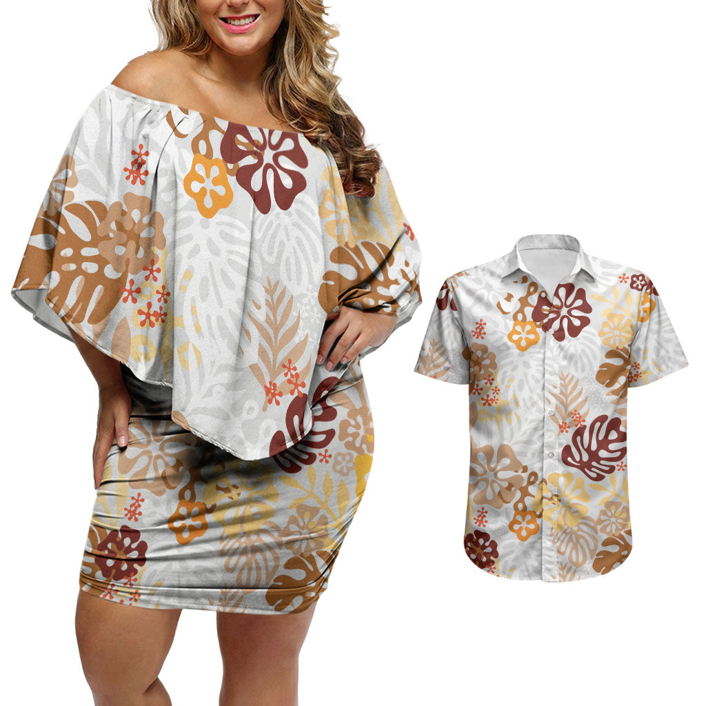 Brown Aloha Hawaiian Couples Matching Off Shoulder Short Dress and Hawaiian Shirt Monstera Hibiscus Tropical Pattern LT19 Brown - Polynesian Pride