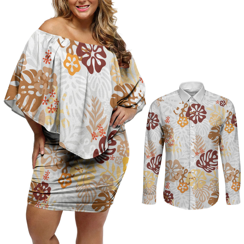 Brown Aloha Hawaiian Couples Matching Off Shoulder Short Dress and Long Sleeve Button Shirt Monstera Hibiscus Tropical Pattern LT19 Brown - Polynesian Pride