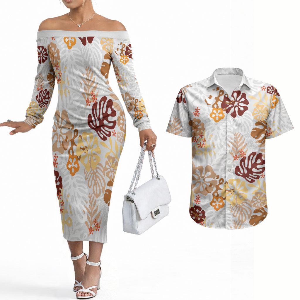 Brown Aloha Hawaiian Couples Matching Off The Shoulder Long Sleeve Dress and Hawaiian Shirt Monstera Hibiscus Tropical Pattern LT19 Brown - Polynesian Pride