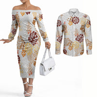 Brown Aloha Hawaiian Couples Matching Off The Shoulder Long Sleeve Dress and Long Sleeve Button Shirt Monstera Hibiscus Tropical Pattern LT19 Brown - Polynesian Pride