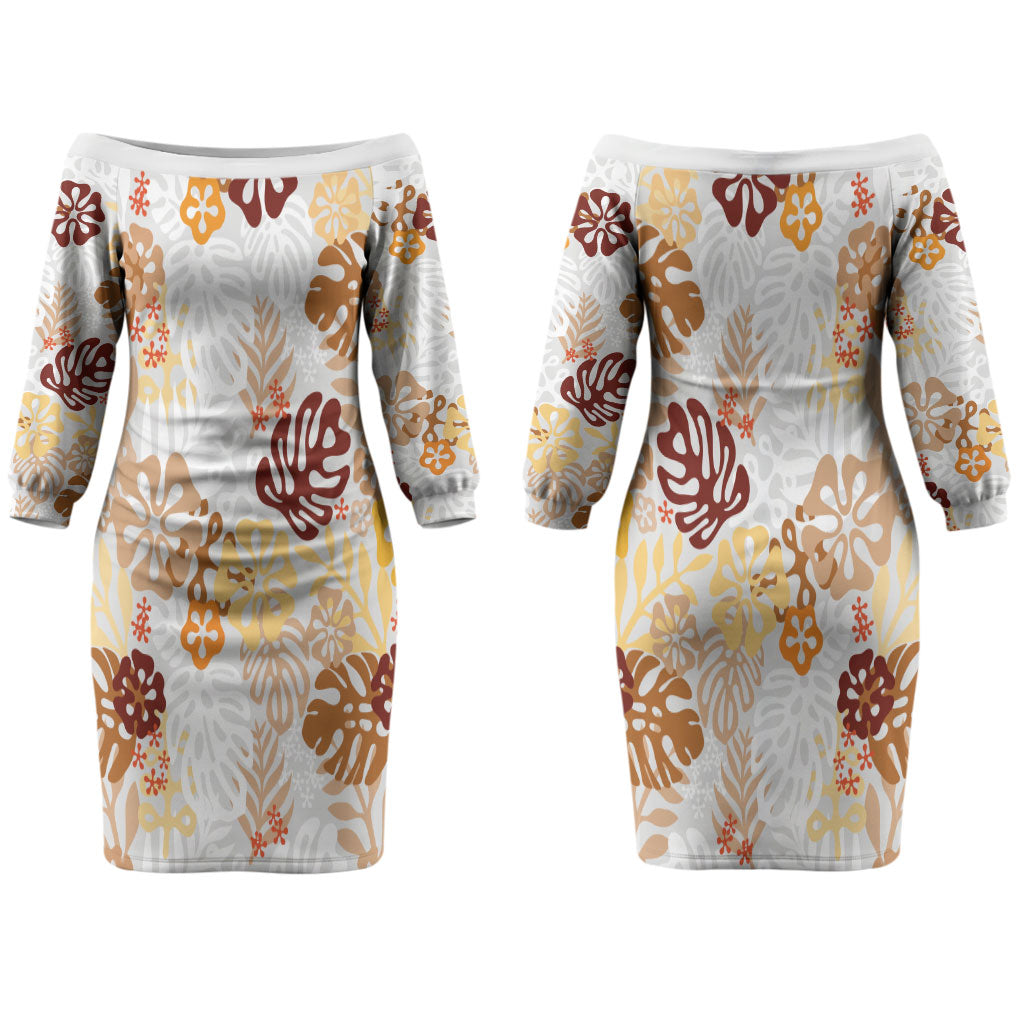 Brown Aloha Hawaiian Couples Matching Off The Shoulder Long Sleeve Dress and Long Sleeve Button Shirt Monstera Hibiscus Tropical Pattern LT19 - Polynesian Pride