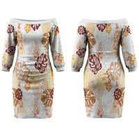 Brown Aloha Hawaiian Couples Matching Off The Shoulder Long Sleeve Dress and Long Sleeve Button Shirt Monstera Hibiscus Tropical Pattern LT19 - Polynesian Pride