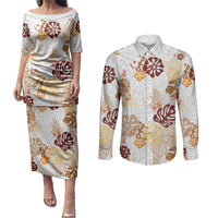 Brown Aloha Hawaiian Couples Matching Puletasi and Long Sleeve Button Shirt Monstera Hibiscus Tropical Pattern LT19 Brown - Polynesian Pride