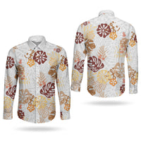 Brown Aloha Hawaiian Couples Matching Puletasi and Long Sleeve Button Shirt Monstera Hibiscus Tropical Pattern LT19 - Polynesian Pride