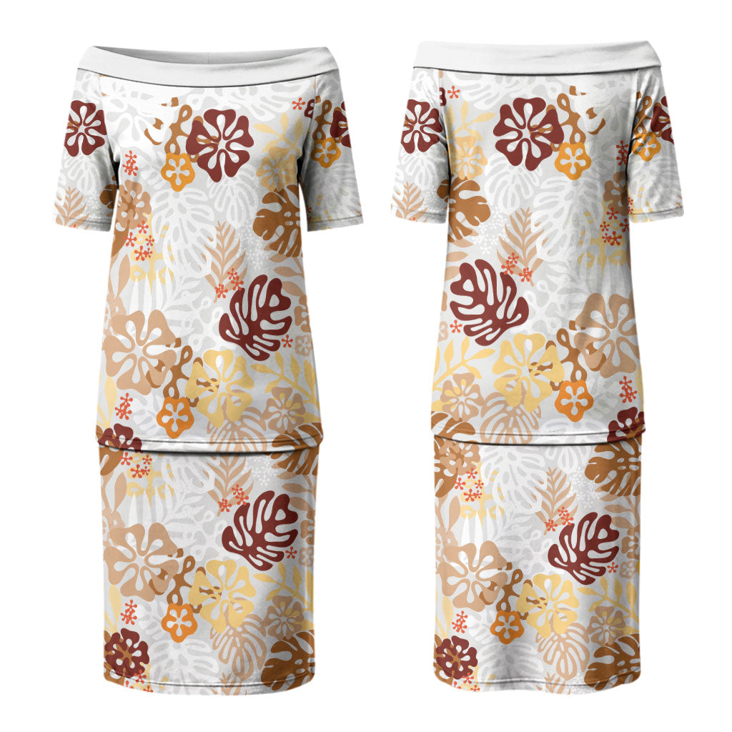 Brown Aloha Hawaiian Couples Matching Puletasi and Long Sleeve Button Shirt Monstera Hibiscus Tropical Pattern LT19 - Polynesian Pride