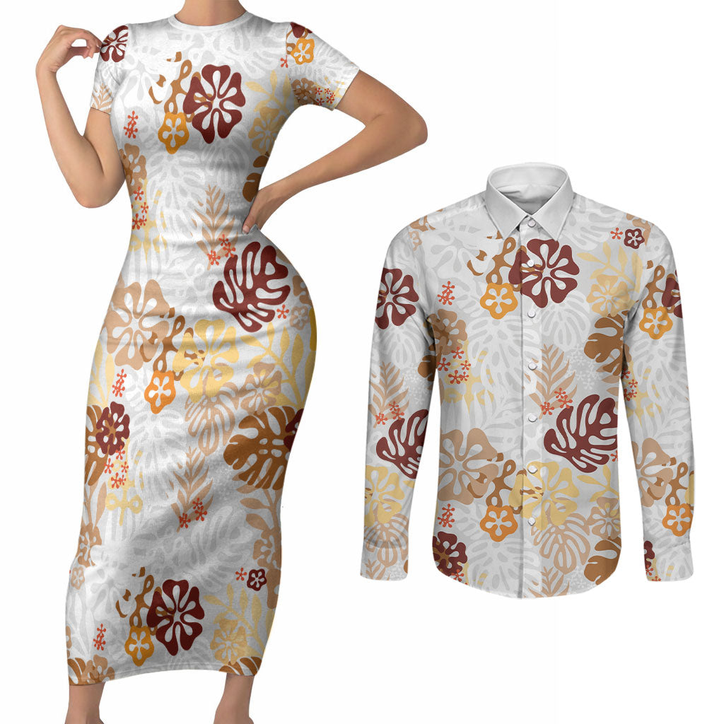 Brown Aloha Hawaiian Couples Matching Short Sleeve Bodycon Dress and Long Sleeve Button Shirt Monstera Hibiscus Tropical Pattern LT19 Brown - Polynesian Pride