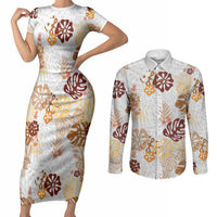 Brown Aloha Hawaiian Couples Matching Short Sleeve Bodycon Dress and Long Sleeve Button Shirt Monstera Hibiscus Tropical Pattern LT19 Brown - Polynesian Pride
