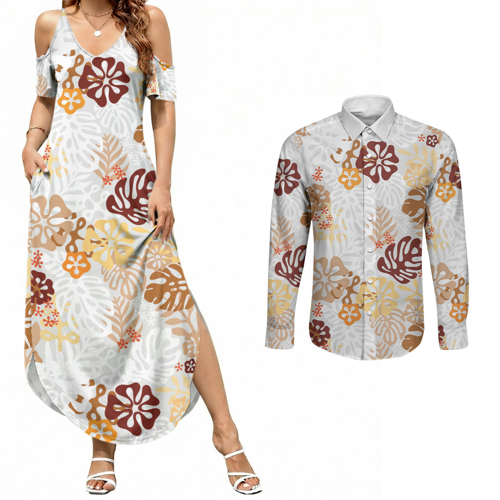 Brown Aloha Hawaiian Couples Matching Summer Maxi Dress and Long Sleeve Button Shirt Monstera Hibiscus Tropical Pattern LT19 Brown - Polynesian Pride
