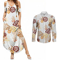 Brown Aloha Hawaiian Couples Matching Summer Maxi Dress and Long Sleeve Button Shirt Monstera Hibiscus Tropical Pattern LT19 Brown - Polynesian Pride