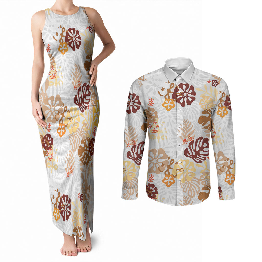 Brown Aloha Hawaiian Couples Matching Tank Maxi Dress and Long Sleeve Button Shirt Monstera Hibiscus Tropical Pattern LT19 Brown - Polynesian Pride