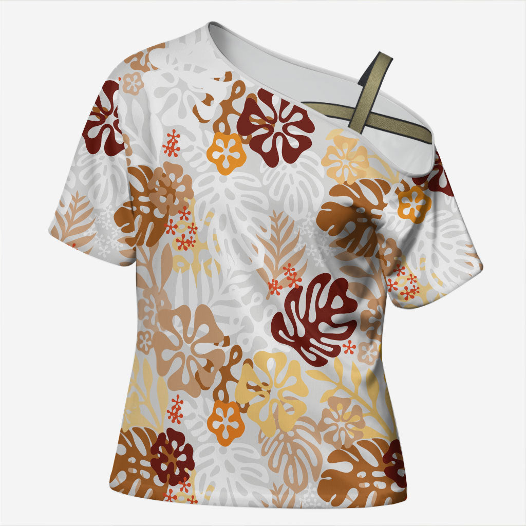 Brown Aloha Hawaiian Cross Shoulder Shirt Monstera Hibiscus Tropical Pattern LT19 Female Brown - Polynesian Pride