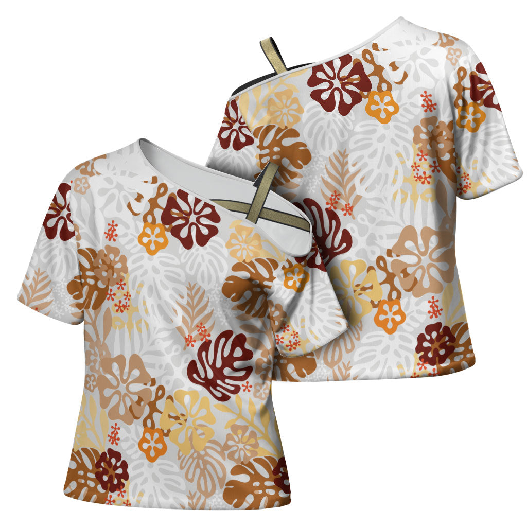 Brown Aloha Hawaiian Cross Shoulder Shirt Monstera Hibiscus Tropical Pattern LT19 - Polynesian Pride