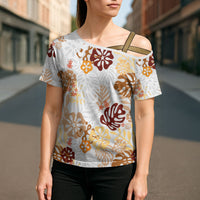 Brown Aloha Hawaiian Cross Shoulder Shirt Monstera Hibiscus Tropical Pattern LT19 - Polynesian Pride