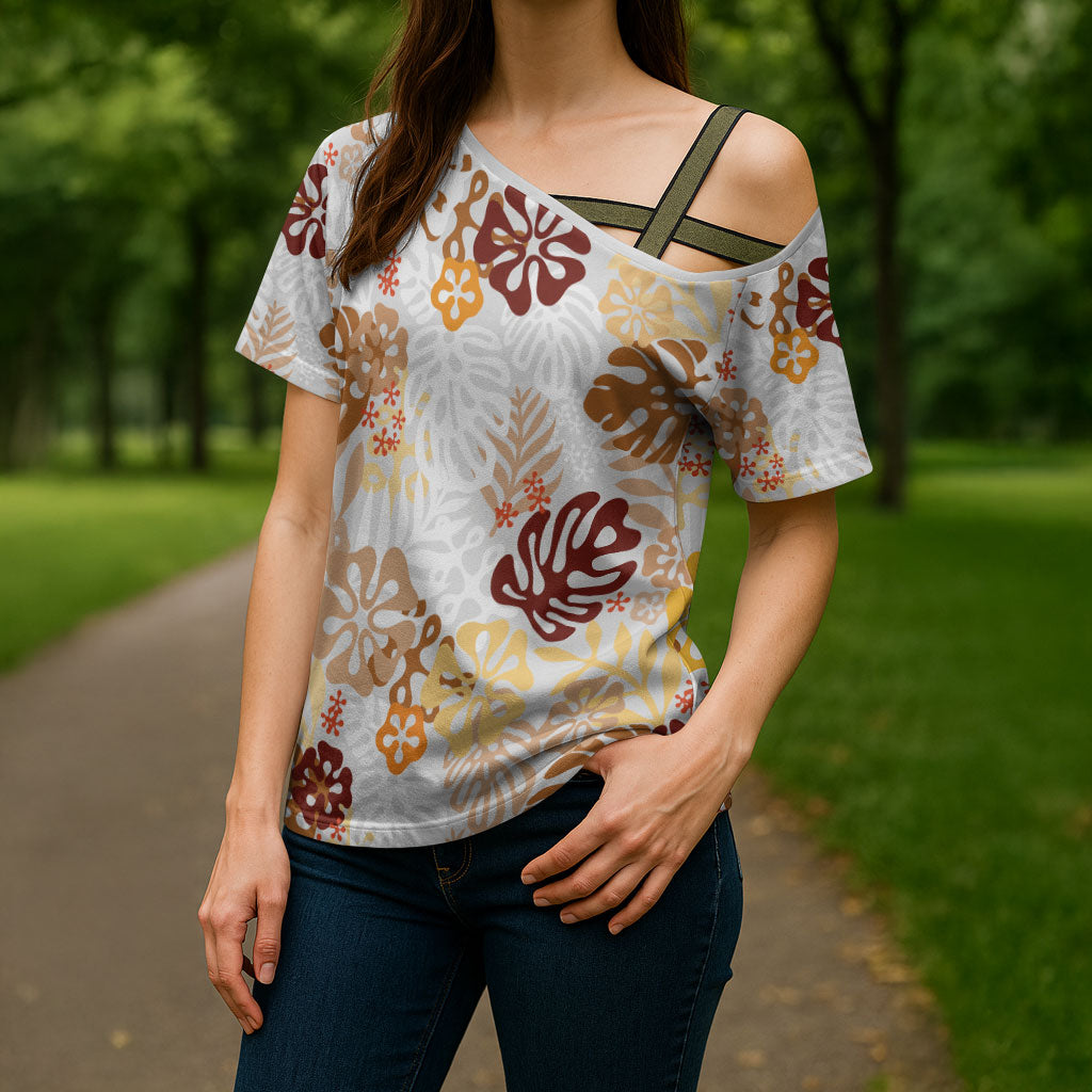 Brown Aloha Hawaiian Cross Shoulder Shirt Monstera Hibiscus Tropical Pattern LT19 - Polynesian Pride