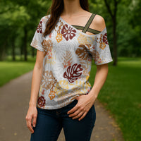 Brown Aloha Hawaiian Cross Shoulder Shirt Monstera Hibiscus Tropical Pattern LT19 - Polynesian Pride