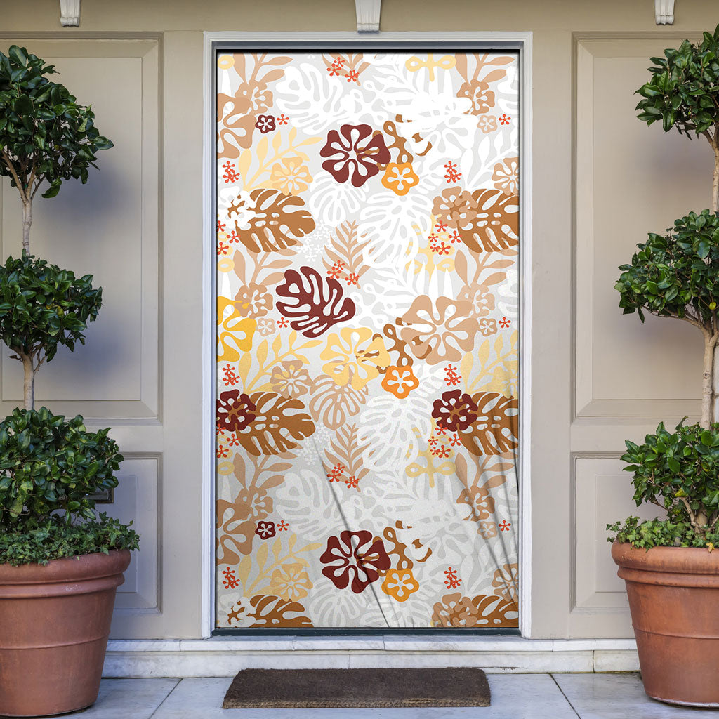 Brown Aloha Hawaiian Door Cover Monstera Hibiscus Tropical Pattern LT19 Brown - Polynesian Pride