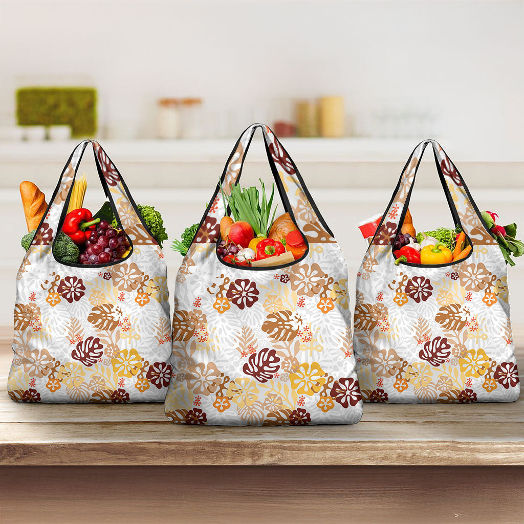 Brown Aloha Hawaiian Grocery Bag Monstera Hibiscus Tropical Pattern LT19 3-pack One Size Brown - Polynesian Pride