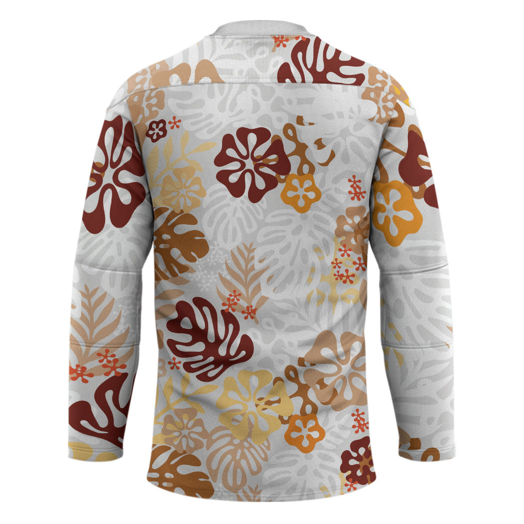 Brown Aloha Hawaiian Hockey Jersey Monstera Hibiscus Tropical Pattern LT19 - Polynesian Pride