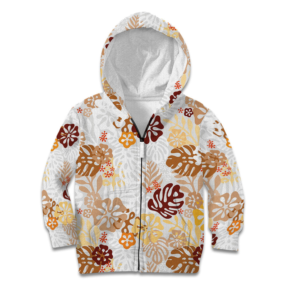Brown Aloha Hawaiian Kid Hoodie Monstera Hibiscus Tropical Pattern LT19 Zip Hoodie Brown - Polynesian Pride