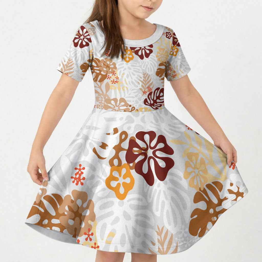 Brown Aloha Hawaiian Kid Short Sleeve Dress Monstera Hibiscus Tropical Pattern LT19 KID Brown - Polynesian Pride