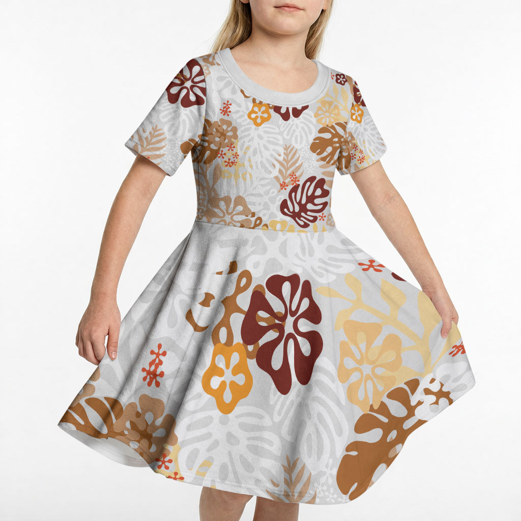 Brown Aloha Hawaiian Kid Short Sleeve Dress Monstera Hibiscus Tropical Pattern LT19 - Polynesian Pride