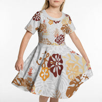 Brown Aloha Hawaiian Kid Short Sleeve Dress Monstera Hibiscus Tropical Pattern LT19 - Polynesian Pride